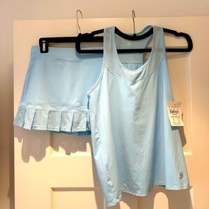 Pickleball or Tennis. Sofibella. Light Blue Athletic Tank and Skirt Set